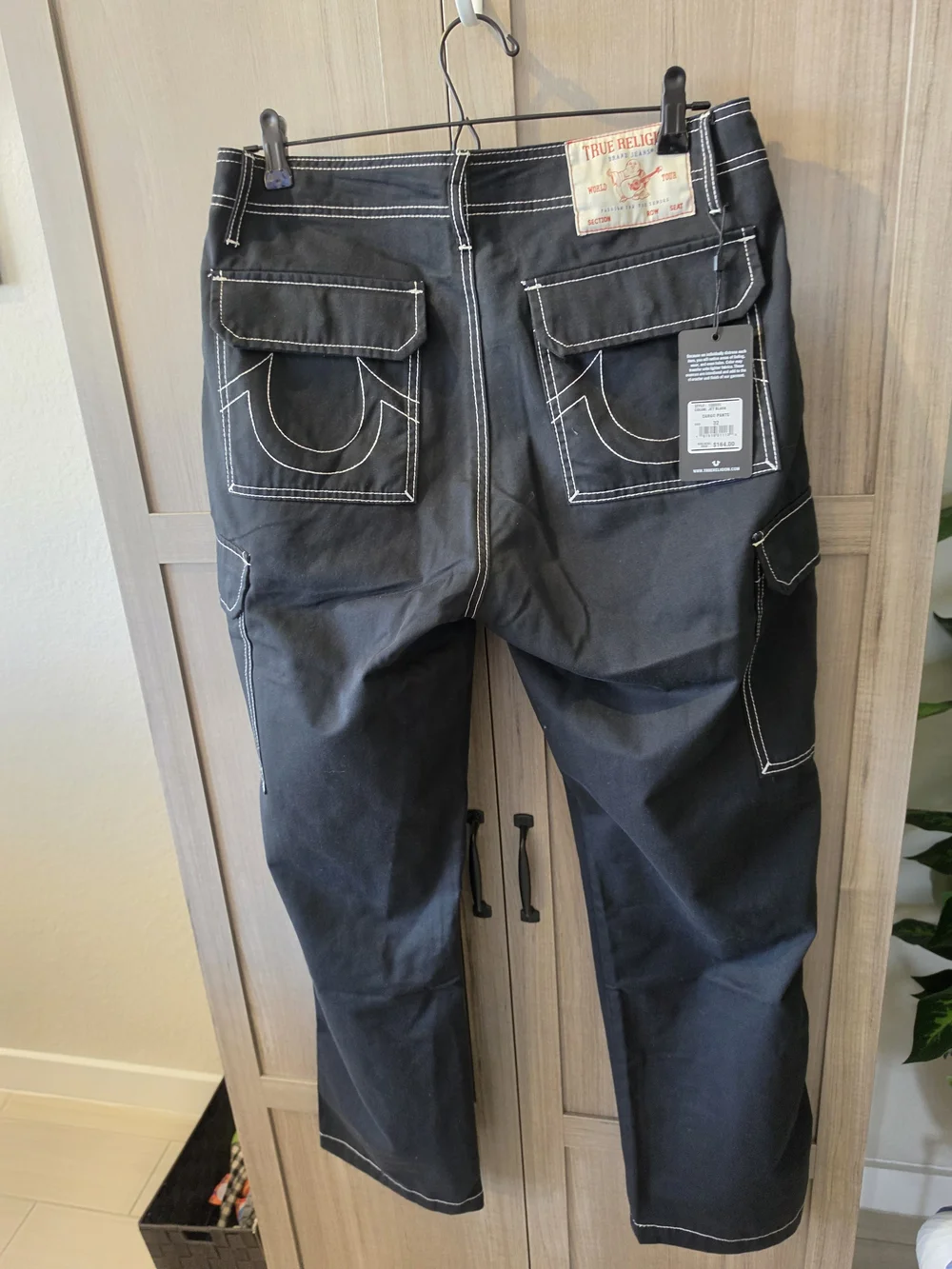 True Religion Black Cargo Pants with White Contrast Stitching